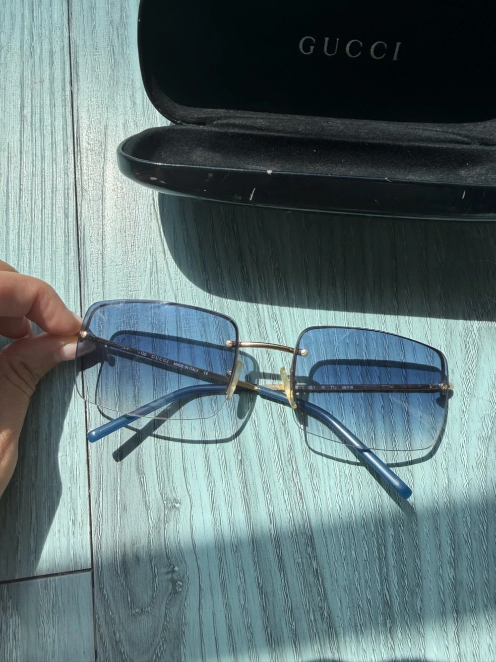 Gucci Blue Gradient Rimless Square Sunglasses with Gold Accents